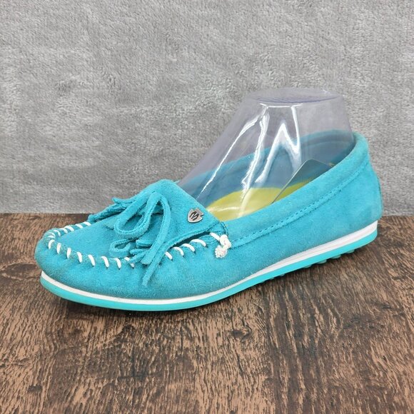 Minnetonka Kilty Plus Moccasins Driving Shoe 7 Turquoise Blue Suede Leather Boho - Picture 1 of 15